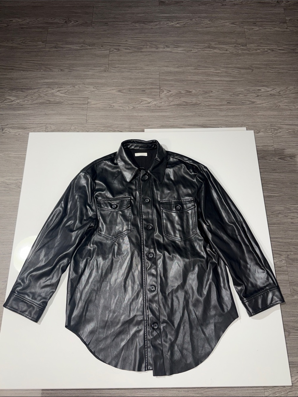 Women's Black Faux Leather Button-Front Oversized Shirt-Jacket Size L